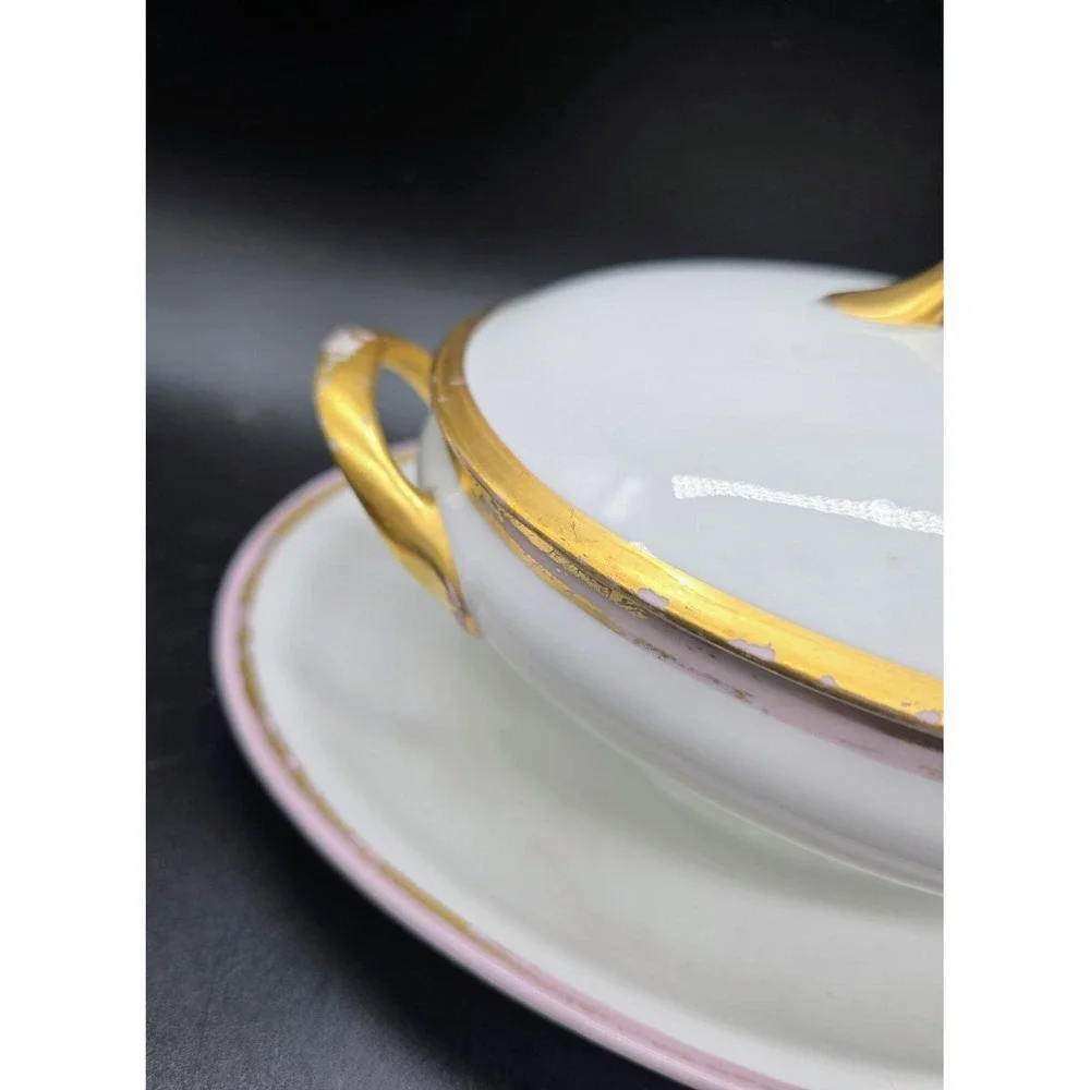 Antique UC Limoges Lidded Sauce Gravy Boat W Attached Underplate 9